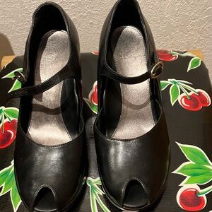 Dansko “Tillie” Black Heels with Strap and Peep-Toe
